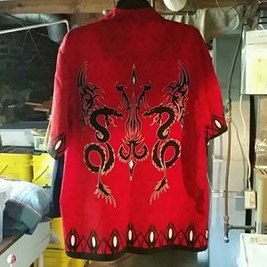 Men's red dragon print casual button down shirt